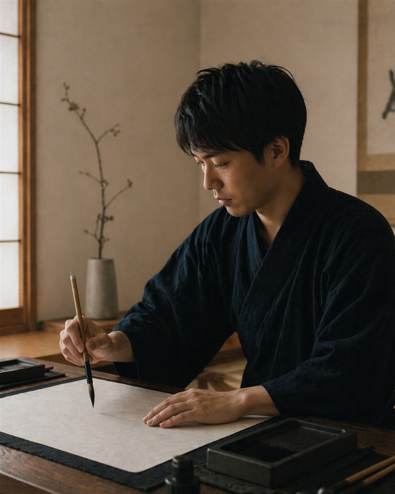 K. Yama, calligrapher, at the writing desk
