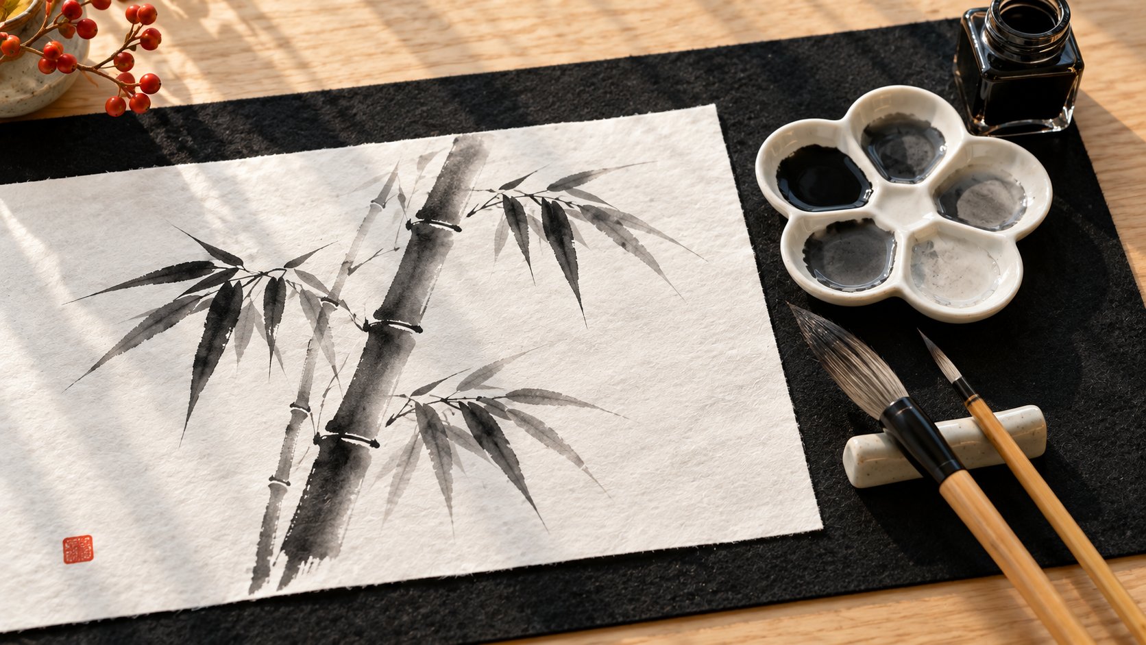 A sumi-e bamboo painting on white paper: jointed stalks in shaded greys and clusters of tapering leaves with a small red seal, beside a plum-blossom palette, two brushes on a rest and a bottle of ink.