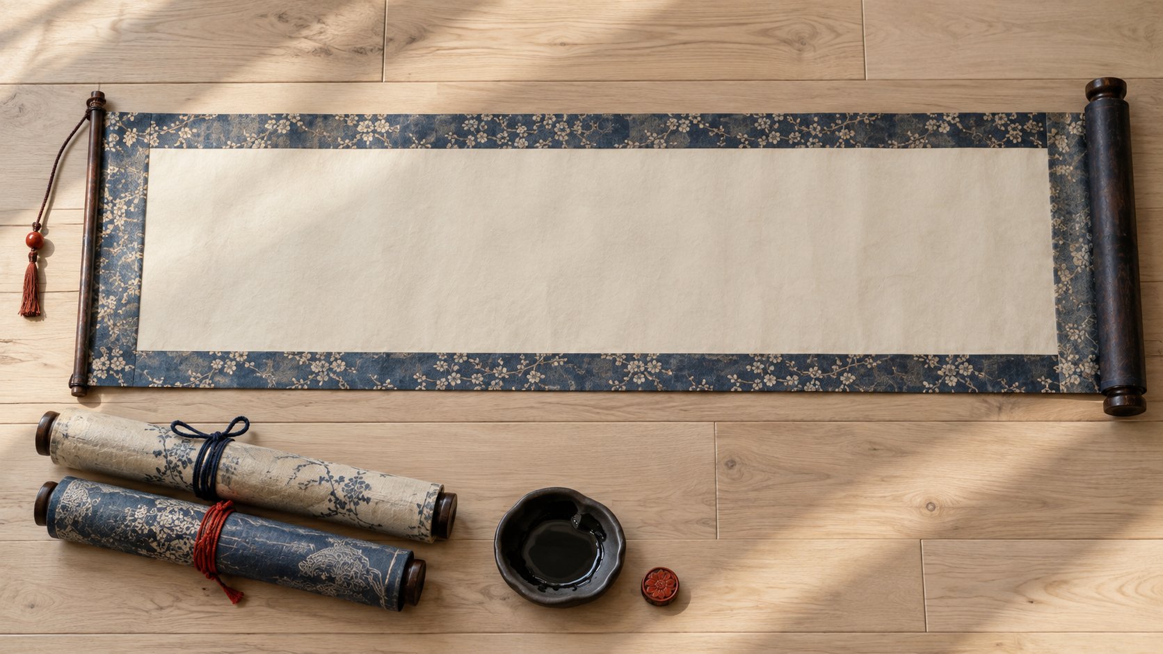 A blank hanging scroll laid flat on a wooden floor: a slim top rod with a hanging cord, patterned indigo borders, an empty cream writing panel in the centre, and a heavier round roller at the other end.