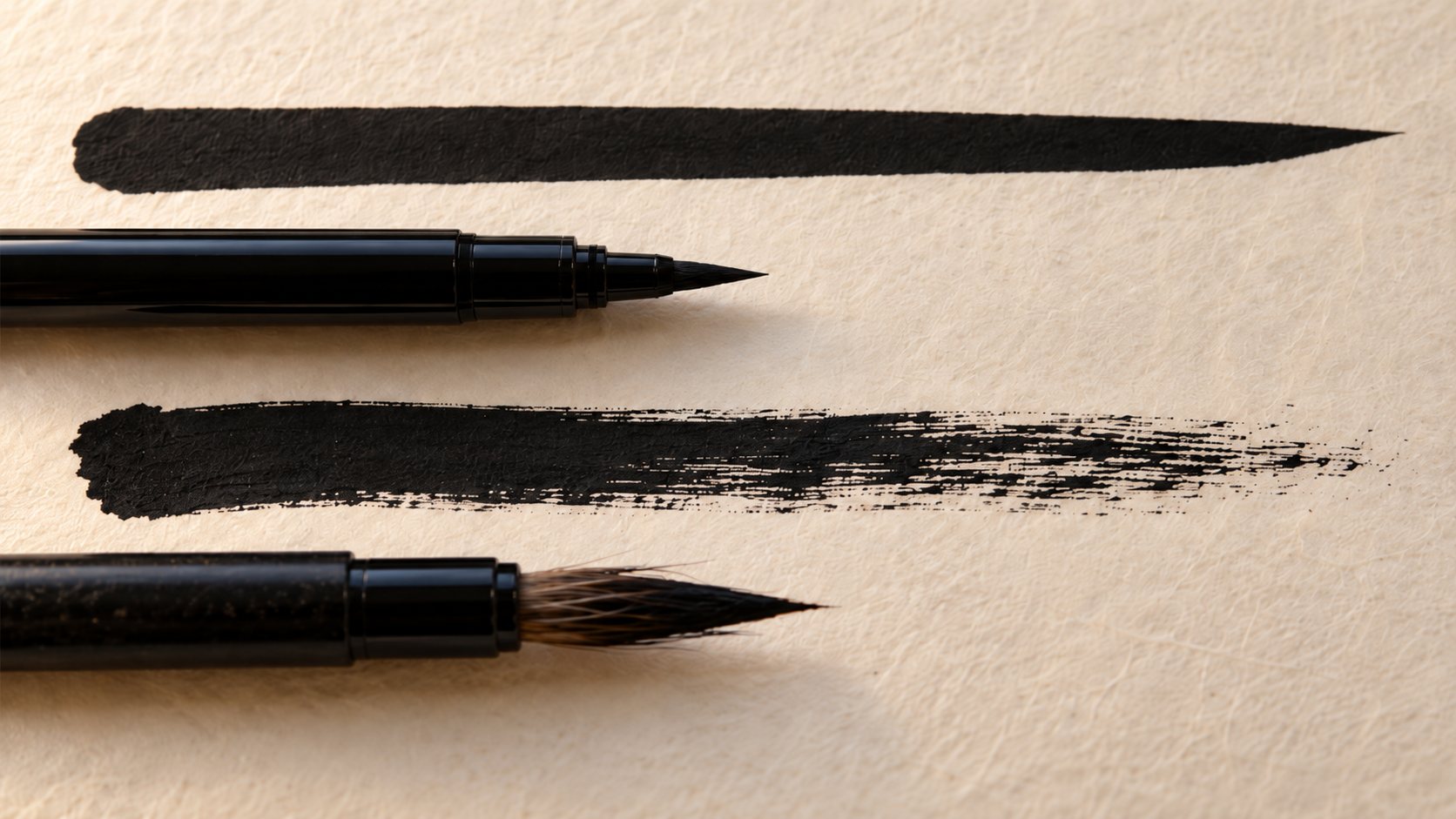 Two Japanese brush pens on cream paper, a felt-tip pen beside a clean uniform stroke and a bristle-tip pen beside a stroke with split-tip dry-brush texture.
