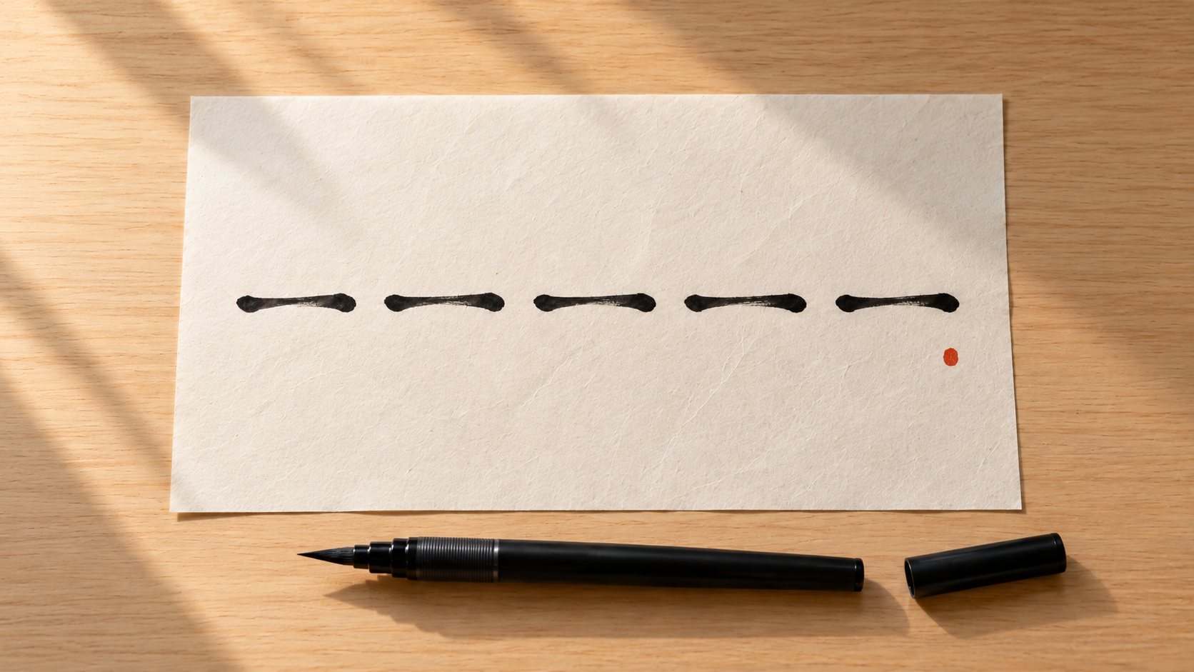 A row of five horizontal strokes written with a brush pen on practice paper, each starting and ending with a pressed, thicker point and thinning in the middle.