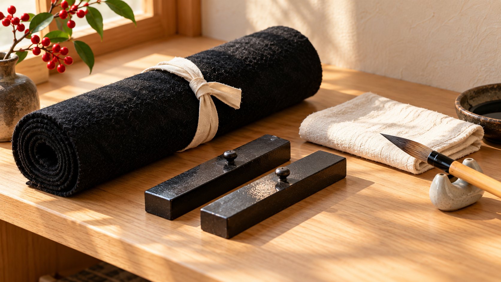 A black felt calligraphy mat rolled up beside two plain black bar paperweights and a folded cloth on a wooden shelf.