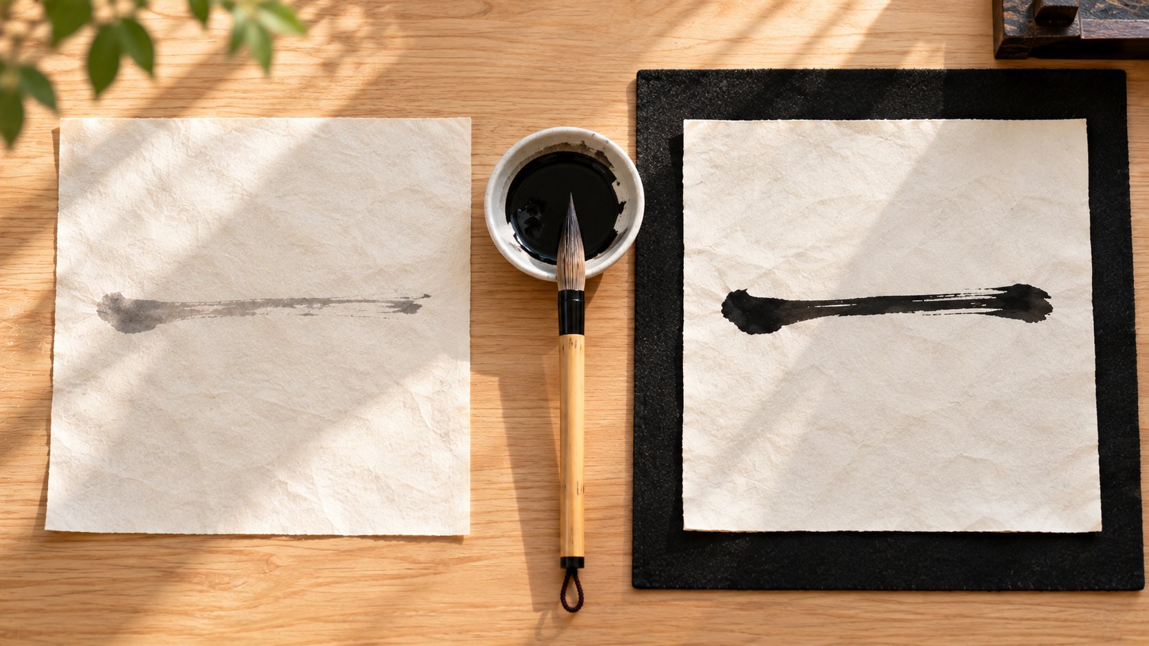 Two sheets of hanshi side by side, one on a bare wooden table with a thin, skidding brushstroke, one on a black felt mat with a full, swelling brushstroke.