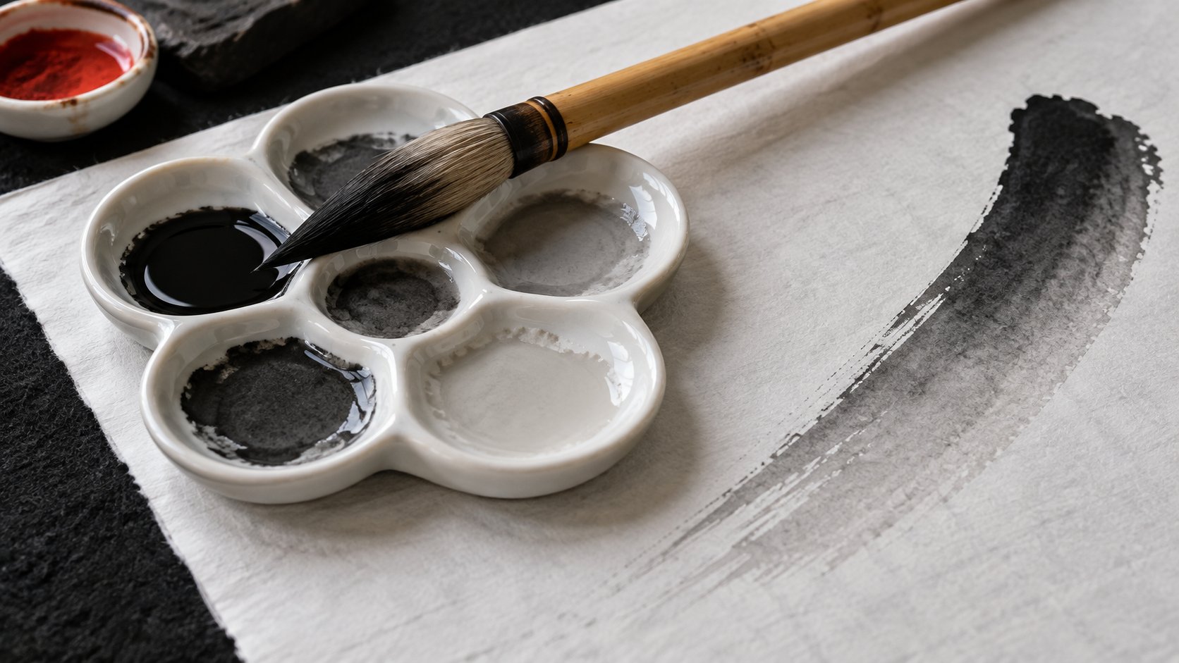 A white porcelain plum-blossom palette holding tones of ink from glossy black to pale grey, a brush resting across it, beside a broad brushstroke that fades from black to pale grey on white paper.