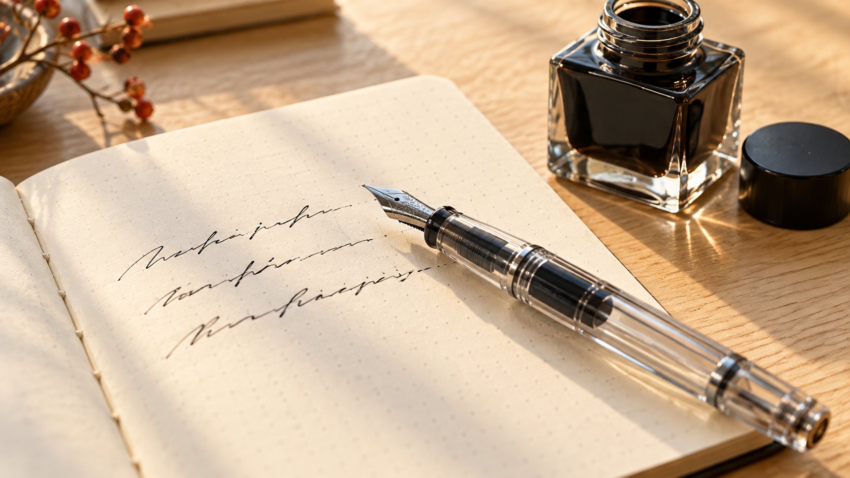 A clear fountain pen resting on an open dot-grid notebook of cream paper beside a square glass bottle of black ink, with a few handwritten lines drying on the page.