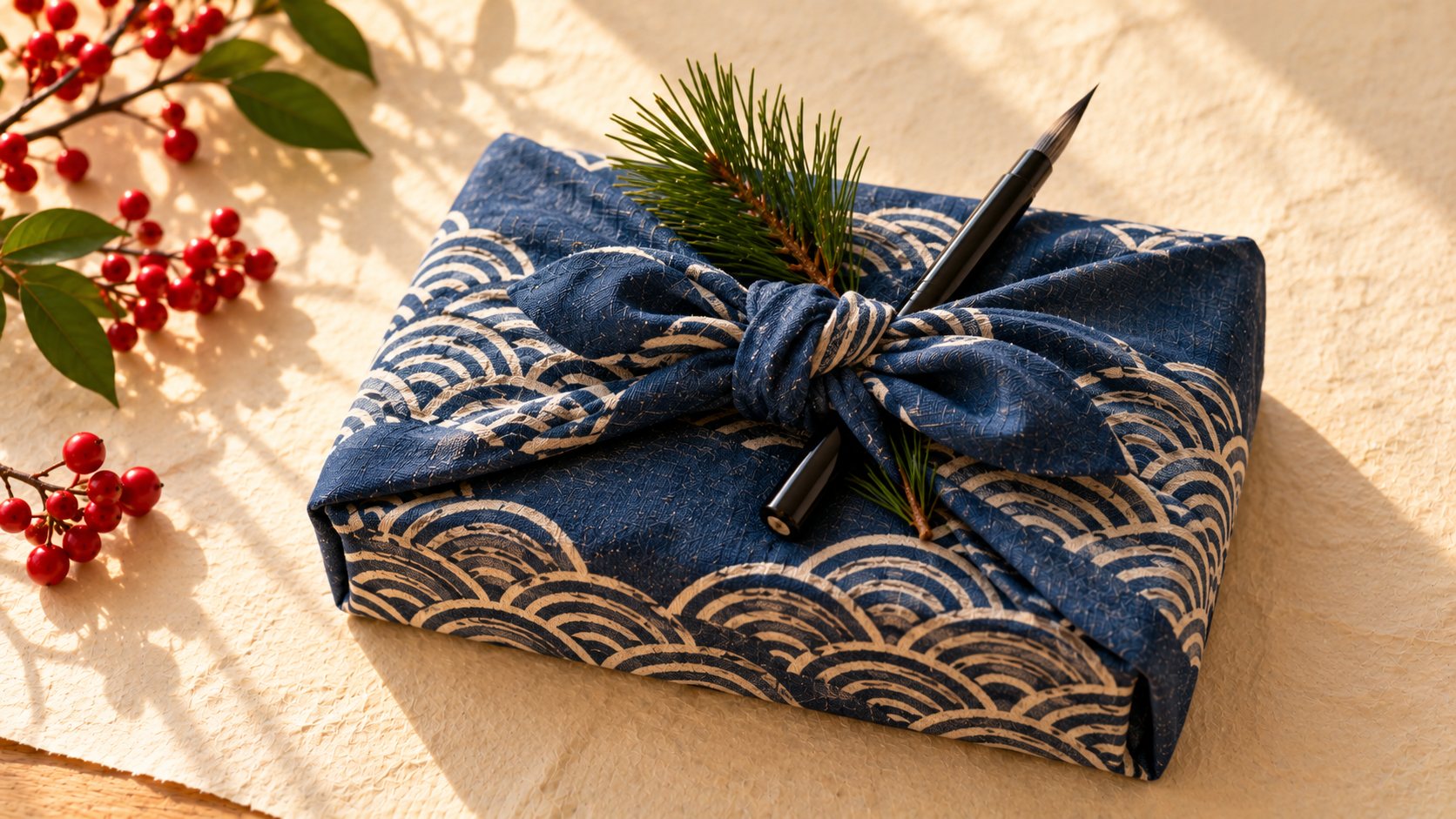 A gift wrapped in an indigo furoshiki cloth with a wave print, knotted on top, with a sprig of pine and a brush pen tucked into the knot.