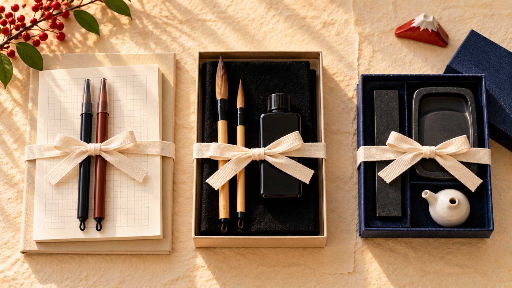 Three small gift bundles side by side, each tied with cream ribbon: brush pens on a squared notebook with a book; a boxed brush set on a folded felt mat; an ink stick, small inkstone and porcelain water dropper.