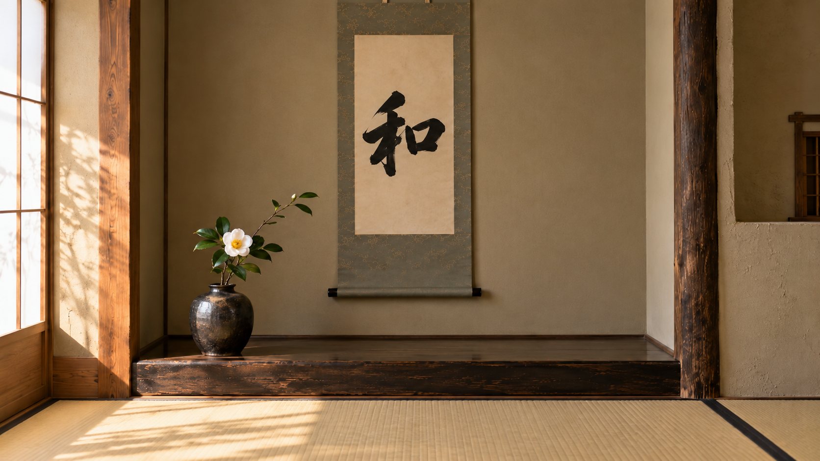 A hanging scroll with the single kanji 和 brushed large in black ink, hung in a quiet tokonoma alcove beside a small flower arrangement.