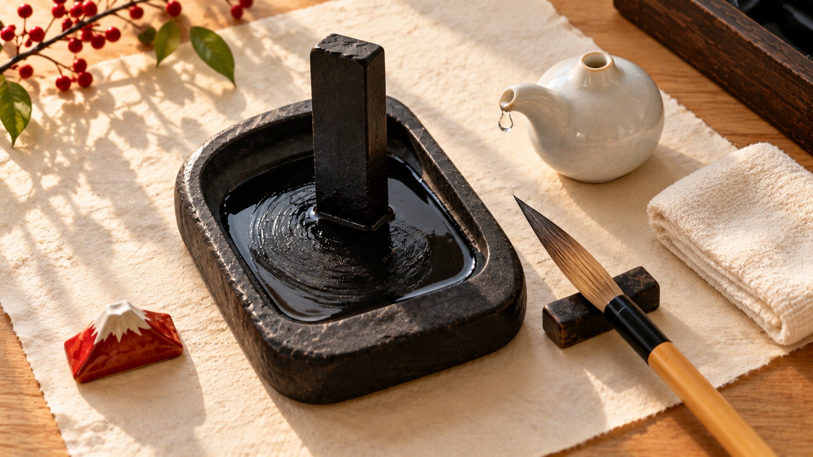 An ink stick standing upright on a black inkstone with a pool of freshly ground ink, a porcelain water dropper and a bamboo brush beside it on cream paper.