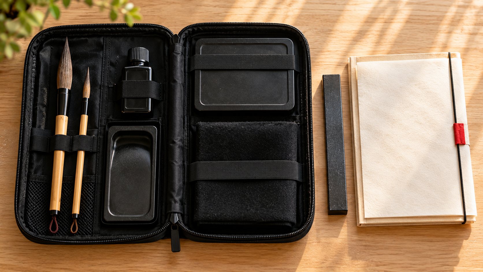 A Japanese school calligraphy case open on a table showing two brushes, a bottle of ink, a lidded plastic inkstone, a felt mat, a paperweight and a paper folder.