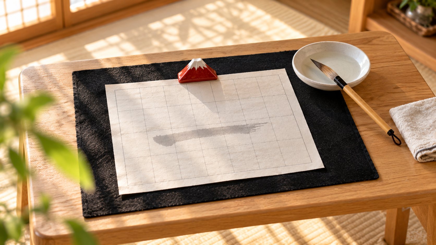 A child's water-writing practice laid out on a low table: gridded sheet centred on a felt mat, small paperweight on the top edge, dish of water to the upper right, child-sized brush resting beside it.