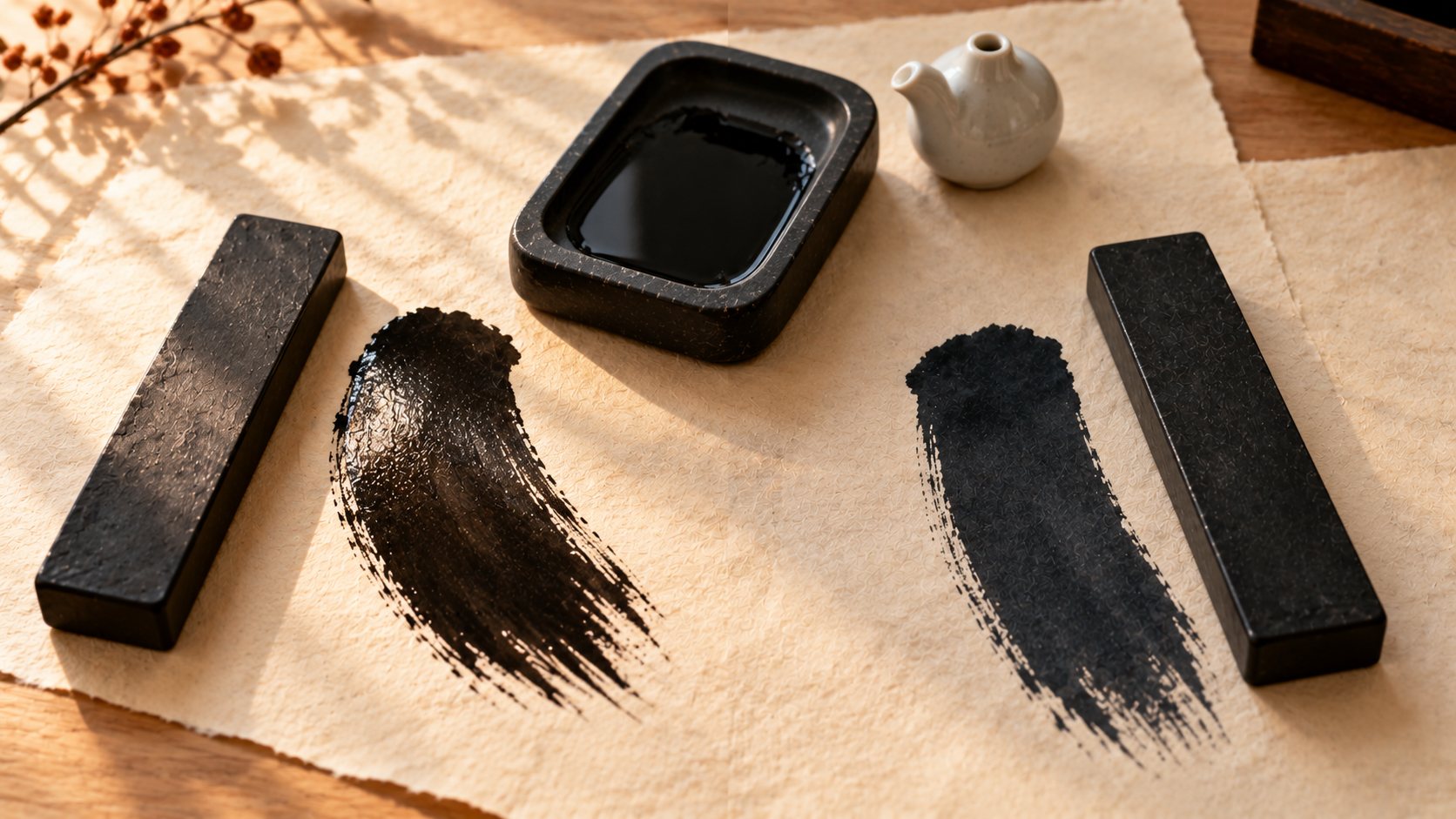 Two ink sticks on cream paper, each beside a brushstroke: a warm, glossy black stroke from oil soot and a bluish, matte black stroke from pine soot.