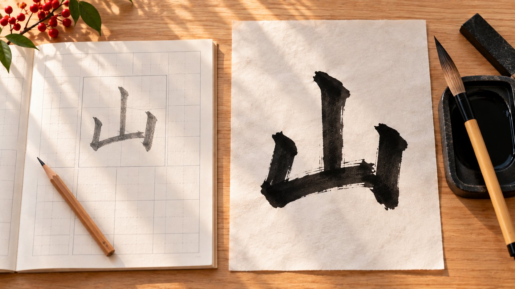 The kanji 山 written in pencil inside a large square on genkōyōshi paper, beside the same character written in brush and ink on a sheet of hanshi.