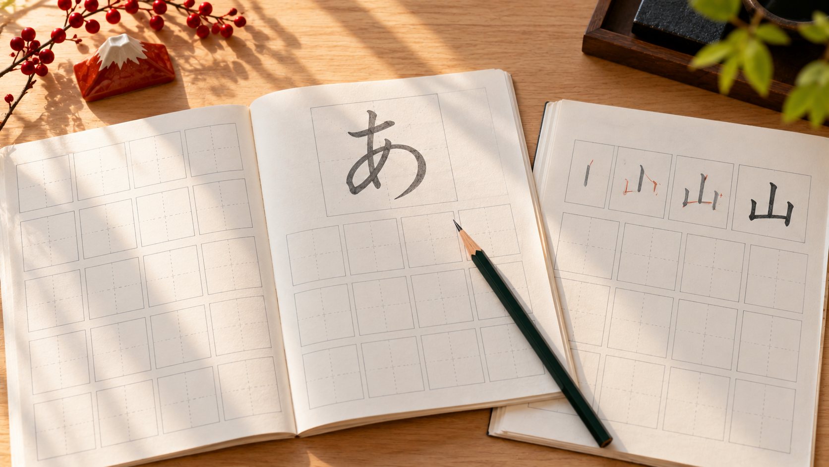 Three practice books fanned on a desk: a blank large-square genkōyōshi notebook, a kana workbook with model characters and empty squares, and a kanji workbook with stroke-order rows.