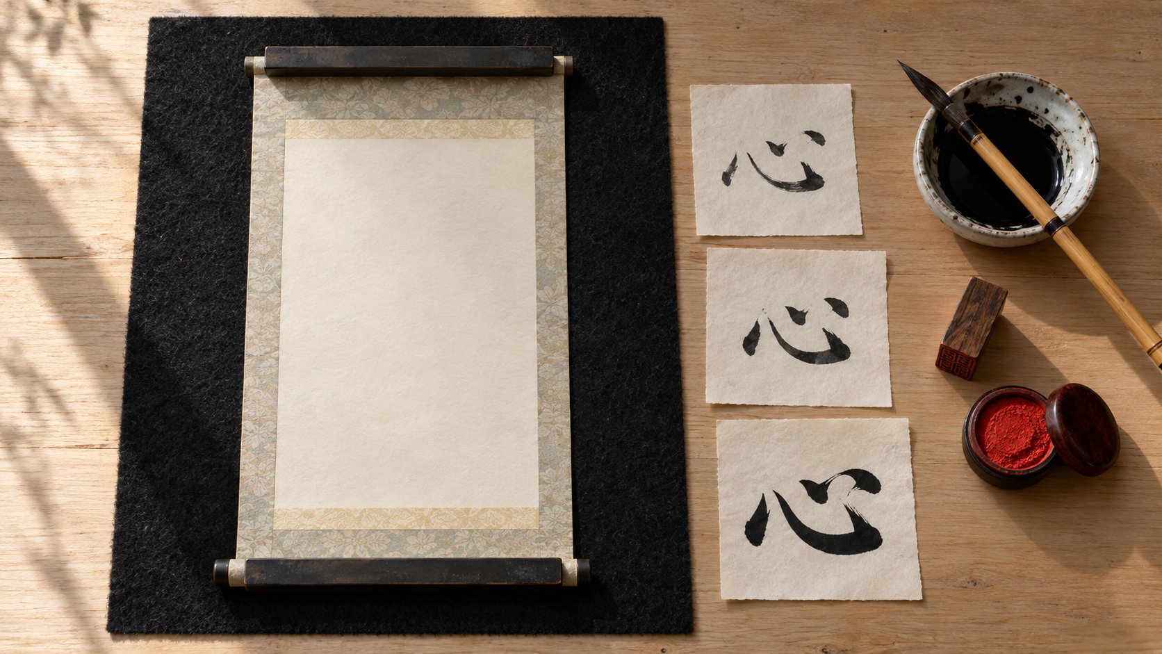 A blank scroll laid flat on a black felt mat with paperweights on both rods, three practice sheets of the character 心 beside it, a brush resting on an ink bowl, and a wooden seal beside a pot of vermilion paste.