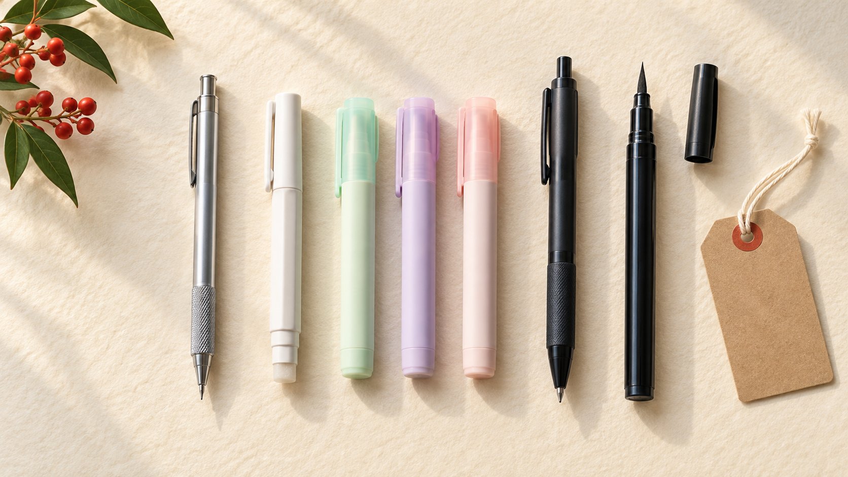 Five small stationery gifts in a row on cream paper: a mechanical pencil, a pen-shaped eraser, three pastel highlighters, a ballpoint pen and a brush pen, beside a kraft gift tag.