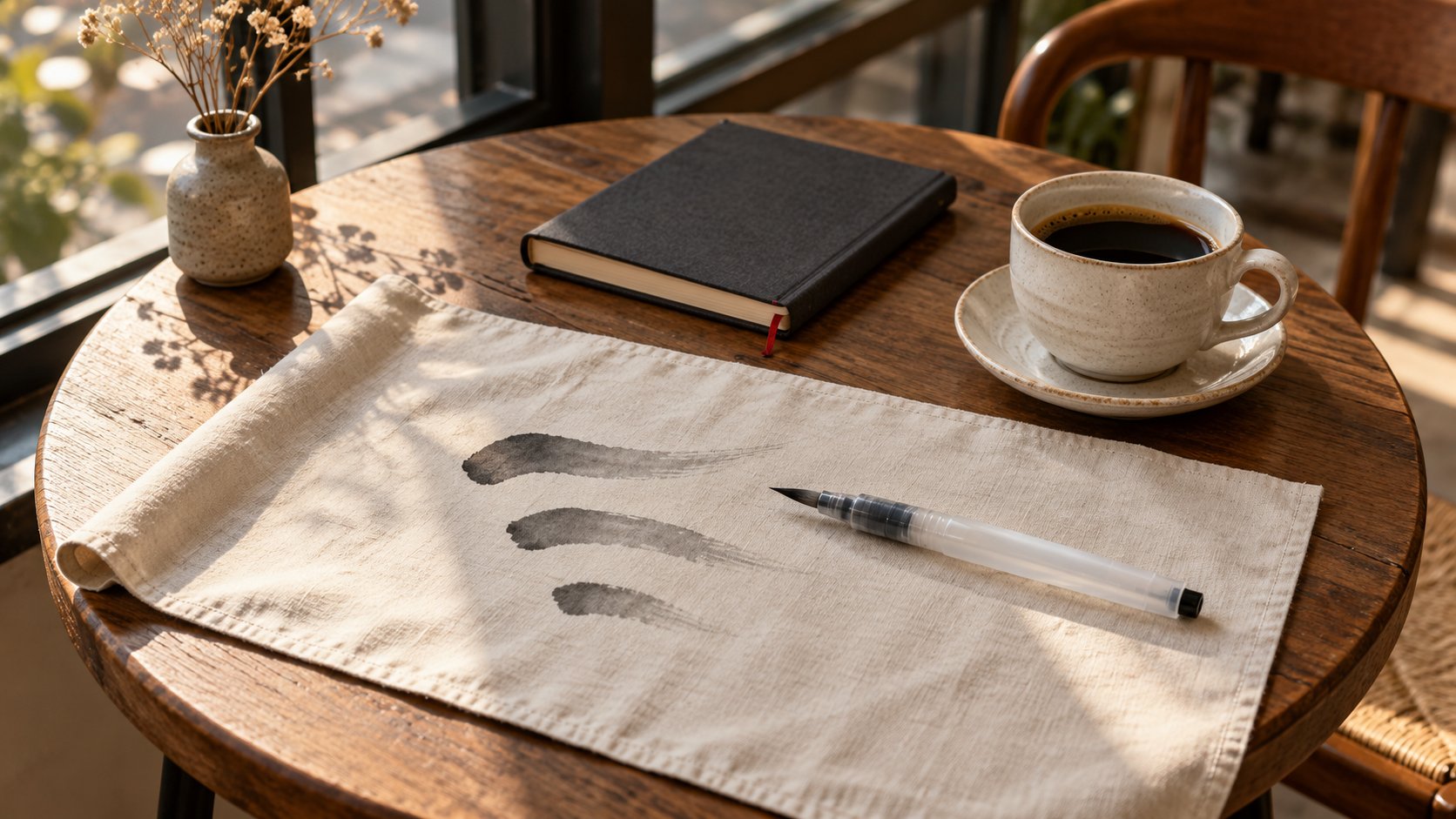 A water-writing cloth unrolled on a small café table with a refillable water brush, a cup of coffee and a notebook beside it.