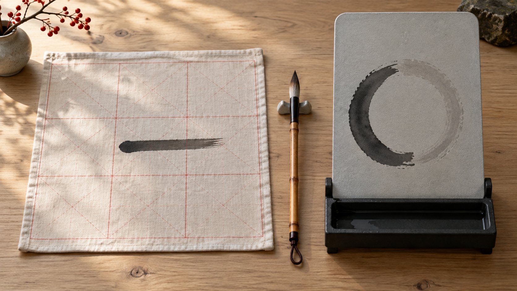A water-writing cloth with a red practice grid and one horizontal stroke, beside a water painting board standing in a black stand with a water tray, an enso circle on the board half faded as it dries.